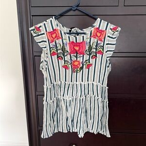 THML Navy and Cream Striped Top with Red Floral Embroidery